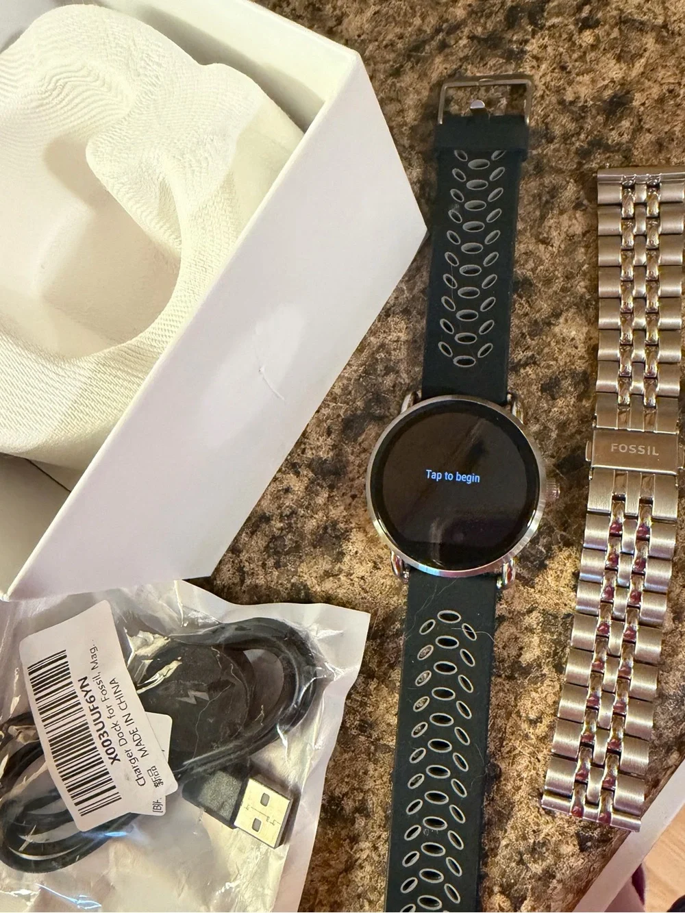Fossil Q Wander Smartwatch with silicone and silver metal band and charger